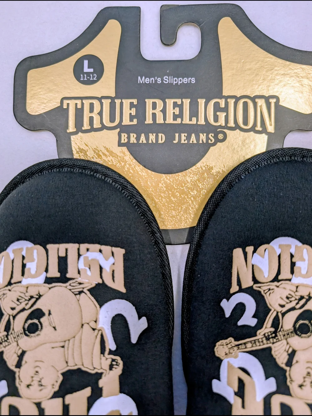 True Religion Men's Black Logo Slippers White Plush Lining NWT Size 11-12
